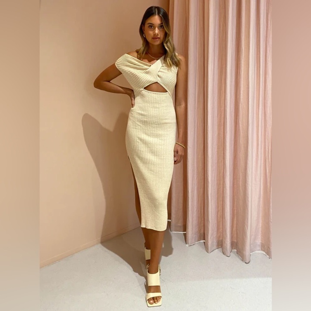 Anna Quan Zanita Wheat Ribbed Knit Twist Cut-Out Midi Dress - Picture 9 of 14